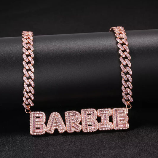 Custom baguette letter name Cuban link chain necklace for sale 